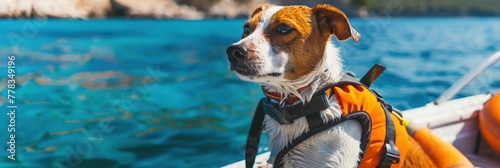A dog in a life jacket enjoys a boat ride on a clear blue sea, perfect for advertising pet safety equipment or promoting pet-friendly water activities. photo