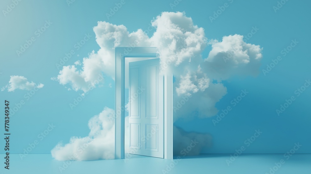 Three-dimensional rendering of white fluffy clouds flying through an open door, isolated on a serene blue background. Abstract metaphor of the door to a refuge, modern minimal concept. Surreal dream Three-dimensional rendering of white fluffy clouds flying through an open door, isolated on a serene blue background. Abstract metaphor of the door to a refuge, modern minimal concept. Surreal dream