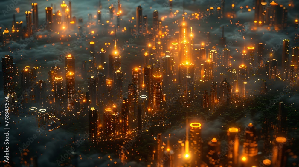 A detailed depiction of an AI neural network as a sprawling city at night, viewed from above.