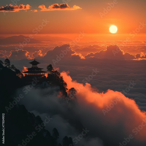 Himalayan monastery at sunrise, peace above clouds photo
