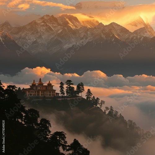 Himalayan monastery at sunrise, peace above clouds