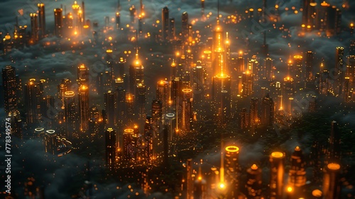 A detailed depiction of an AI neural network as a sprawling city at night, viewed from above.