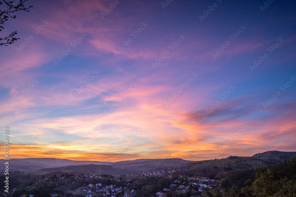 Landscape at sunrise. Beautiful morning environment with fresh greenery in spring. A small place in the middle of nature. taken from a small mountain, Taunus, Hesse, Germany