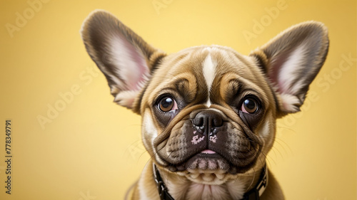 A studio photo of a French Bulldog wearing a yellow bow tie