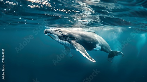 Whale swimming underwater in the ocean. 3D Rendering. A Baby Humpback Whale Plays Near the Surface in Blue Water, AI Generated © Philip