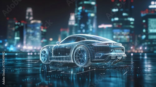 3D rendering showing a transparent car with wire-frame in a dark city background.