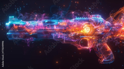 Modern illustration of space blasters with lasers and rays, bomb explosion with raygun. Cartoon illustration of colored energy phasers lightnings. © Zaleman