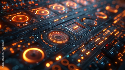 A futuristic user interface (UI) concept, visualized as an abstract background with touch-activated holographic controls and floating widgets.