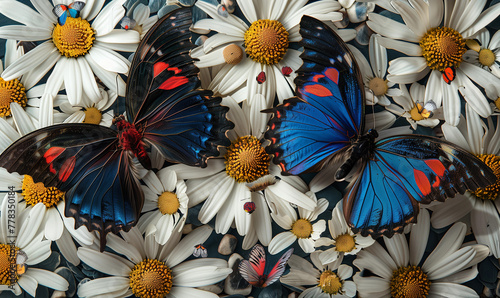 colorful blue tropical morpho butterflies on delicate daisy flowers painted with oil paint