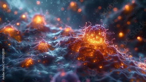 A highly detailed visualization of a nanotechnology swarm in a medical context, showing tiny, illuminated nanobots converging around human cells to repair tissue damage. photo