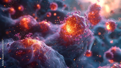 A highly detailed visualization of a nanotechnology swarm in a medical context, showing tiny, illuminated nanobots converging around human cells to repair tissue damage.