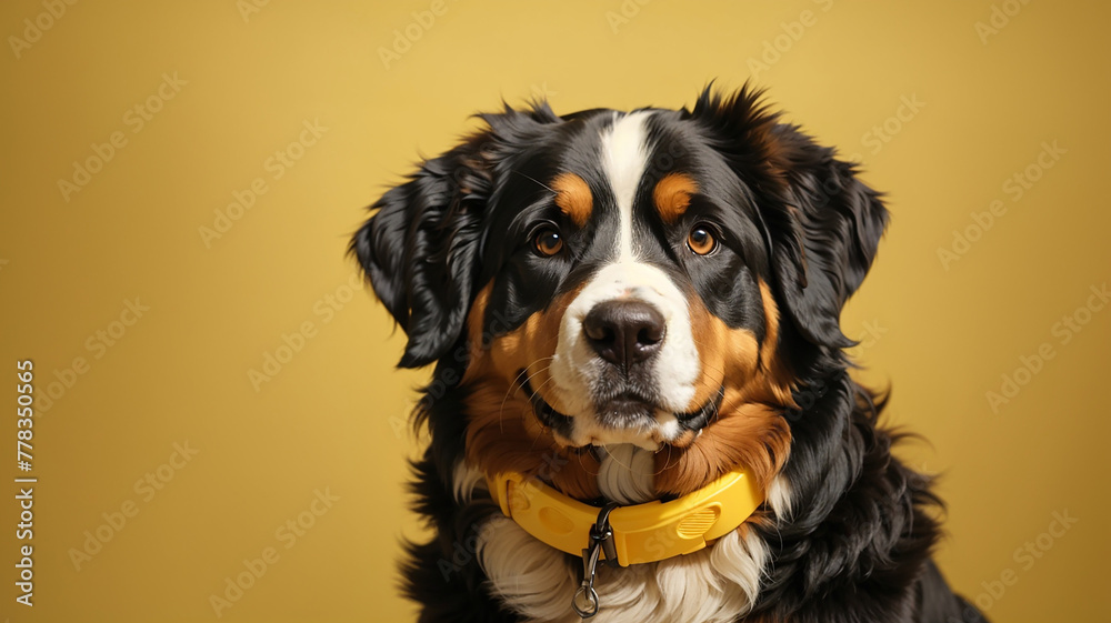 A dog is sitting against a yellow background