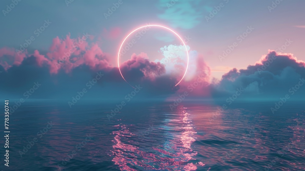 This is a 3D rendering of an abstract seascape with a glowing neon ring above a calm ocean.