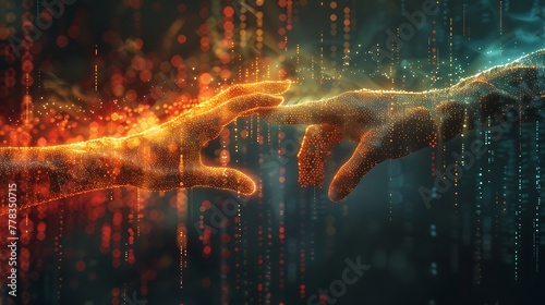 A visual metaphor for digital evolution, where a human hand reaching out to touch a digital interface morphs into binary code and pixels at the point of contact. photo