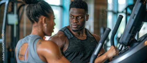 Fitness instructor offering encouragement to a woman exercising on a crosstrainer