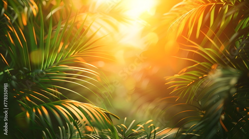 Summer tropical background, green palm leaves and sky with space for text © W.O.W