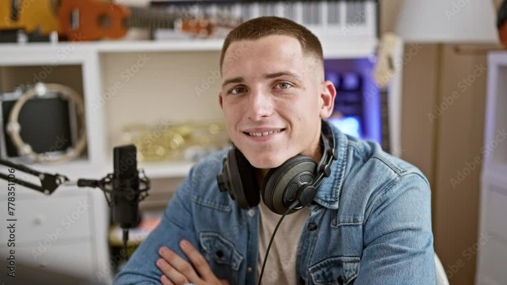 A young hispanic man with headphones smiles in a recording studio, portraying a casual, creative atmosphere.
