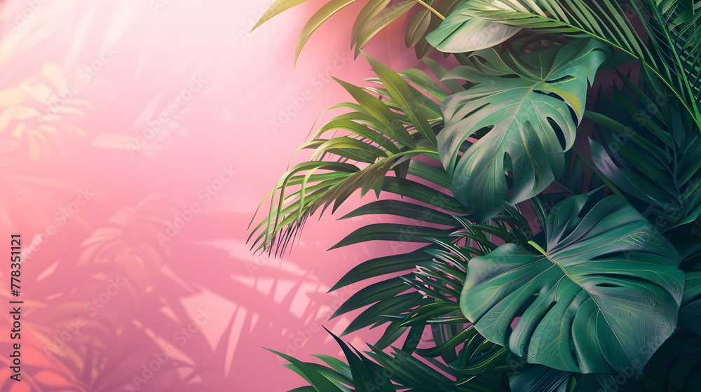 Top view of pink background with monstera leaves. Tropical summer banner with place for text. Top view of pink background with monstera leaves. Tropical summer banner with place for text.