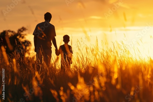 Silhouette figures of father and son in grassy field, sunset colors, representing companionship and upbringing