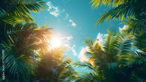 Summer tropical background, green palm leaves and sky with space for text