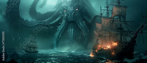 Kraken attack and sinking the pirate ship in the middle of the dark ocean, fantasy illustration, massive tentacles