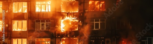 Burning building at night, flames through windows, emergency lights reflecting, urban disaster scene