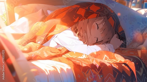Anime girl napping on a messy bed, lo-fi chill music vibe, soft afternoon sunlight filtering through curtains