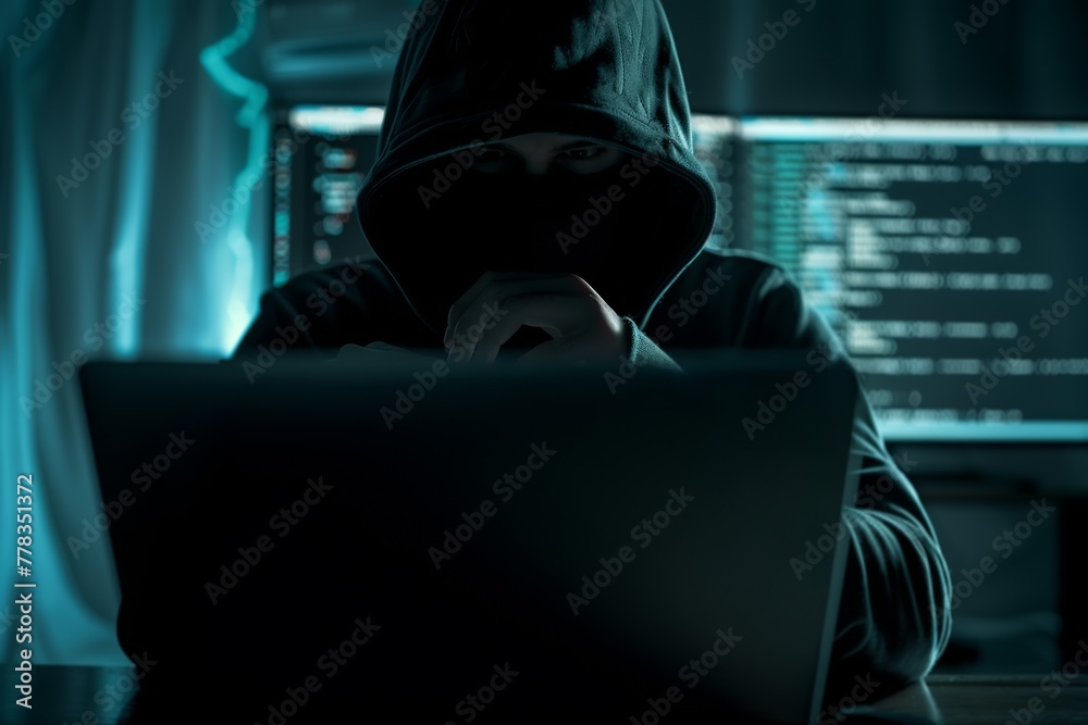 Enigmatic hacker in a dark room, face hidden, fingers on laptop keyboard, screens showing complex code and data streams Enigmatic hacker in a dark room, face hidden, fingers on laptop keyboard, screens showing complex code and data streams