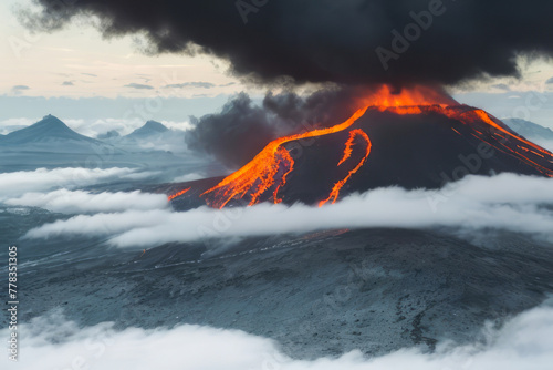 Red hot lava flows from a volcanic peak, casting an fiery glow on the night sky and snow-capped mountains