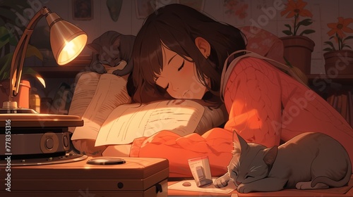 Cozy evening setting, anime girl at her desk with lo-fi vinyl playing, cat sleeping beside, mood lighting, peaceful vibe