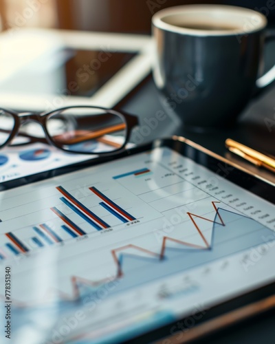 Dynamic financial analysis setup, business audit tools on digital tablet, stock graphs, and management documents