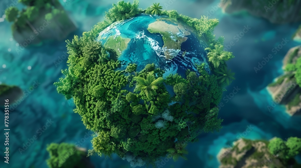 Planet Earth with lush greenery and water, representing environmental preservation and Earth Day awareness. Planet Earth with lush greenery and water, representing environmental preservation and Earth Day awareness.