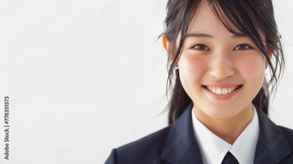 Smiling Japanese high school girl in uniform, white background with ample copyspace, radiating positivity and youth. Smiling Japanese high school girl in uniform, white background with ample copyspace, radiating positivity and youth.