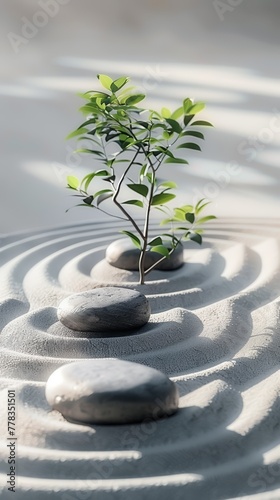 Minimalist Zen garden with smooth stones and delicate greenery, serene and tranquil background, soft natural light