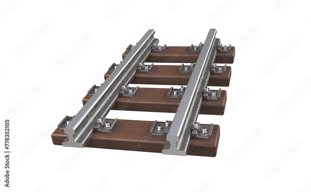 Rails and wooden sleepers. Railway track on a 3D illustration on a transparent background. A road with guide rails for train traffic Rails and wooden sleepers. Railway track on a 3D illustration on a transparent background. A road with guide rails for train traffic