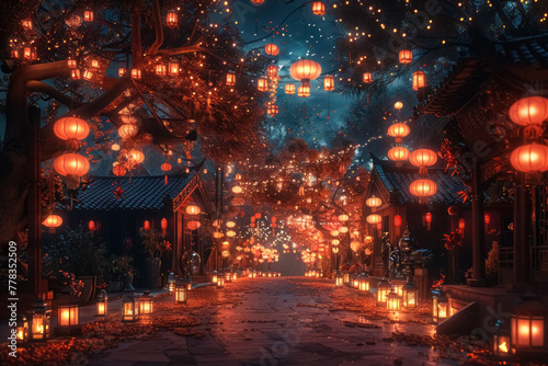 enchanted evening in a lantern-lit traditional asian garden