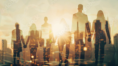 teamwork, double exposure silhouette team task force walking business people men women hands together and modern city background, unity, diversity