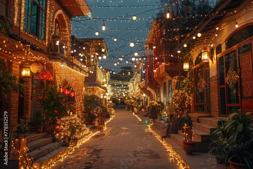 Eid al-Fitr celebration, enchanting evening lights in a cozy alley with festive decorations