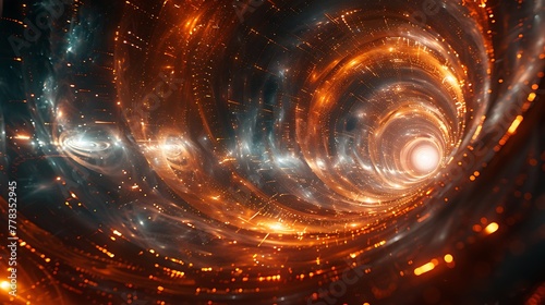 An abstract digital art piece visualizing a space-time warp as a spiraling vortex of geometric shapes and patterns, with a glowing central axis that represents a wormhole.