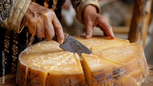 A cheese wheel being cut into at a traditional wedding symbolizing abundance and celebration photo
