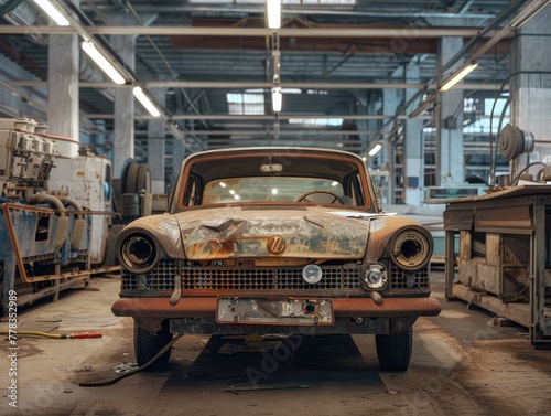 Abandoned classic car gathering dust in an old warehouse