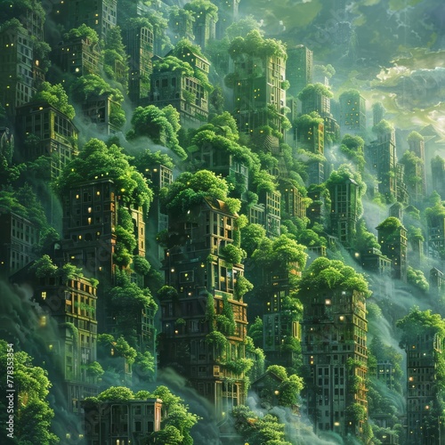 An imaginative depiction of a city where buildings are covered with green living walls