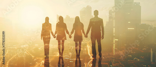 teamwork, double exposure transparent silhouette team task force walking business people men women hands together and modern city background, unity, diversity