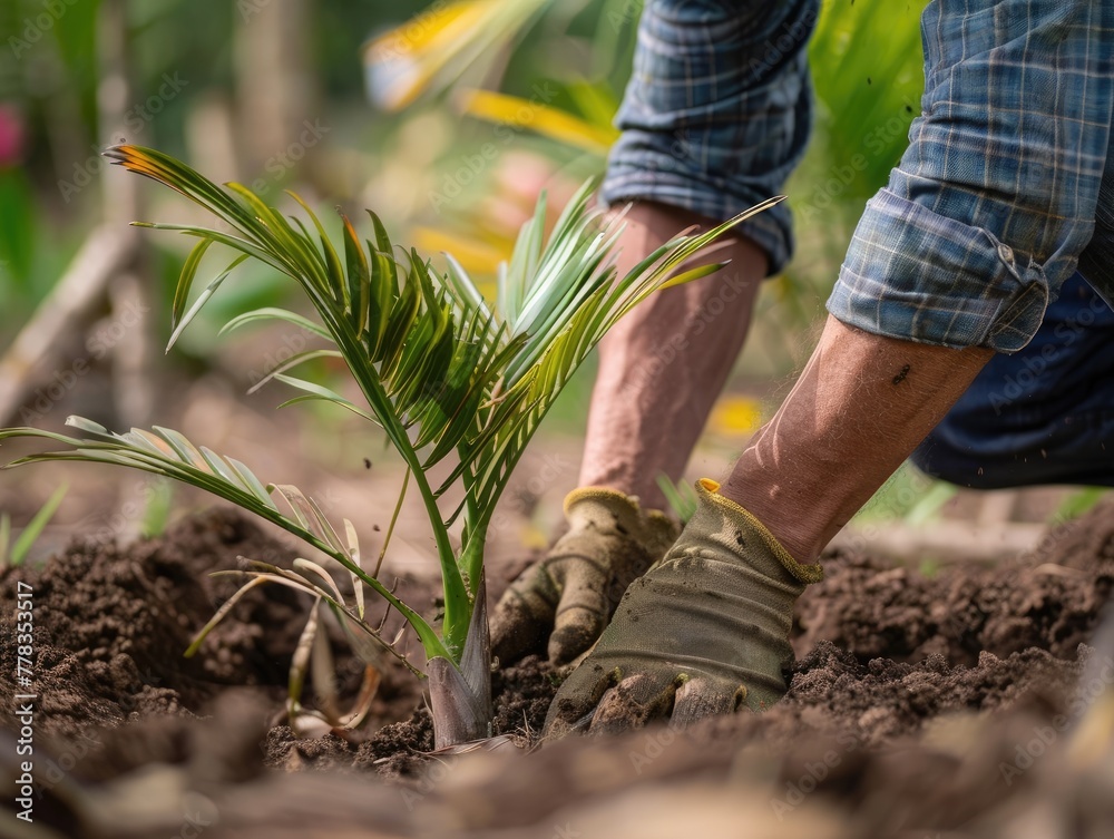 Man planting a young palm tree in the garden soil. Man planting a young palm tree in the garden soil.