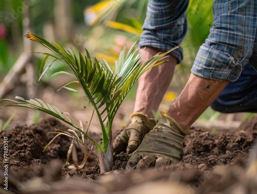 Man planting a young palm tree in the garden soil.