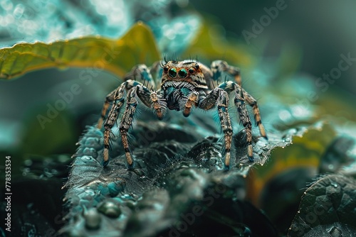 A spider lounging on a leaf, with a soft focus on the surrounding greenery, capturing the tranquility of nature © Samita