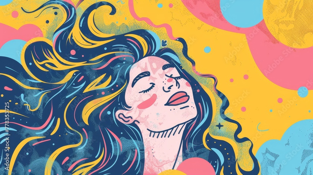 Woman enjoying a moment of happiness amidst a backdrop of swirling abstract forms and a play of bright and pastel colors.Mental health concept