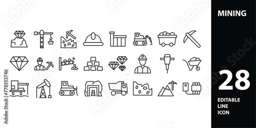 Mining, icon set. Extraction of minerals in the mine and surface, linear icons. Line with editable stroke