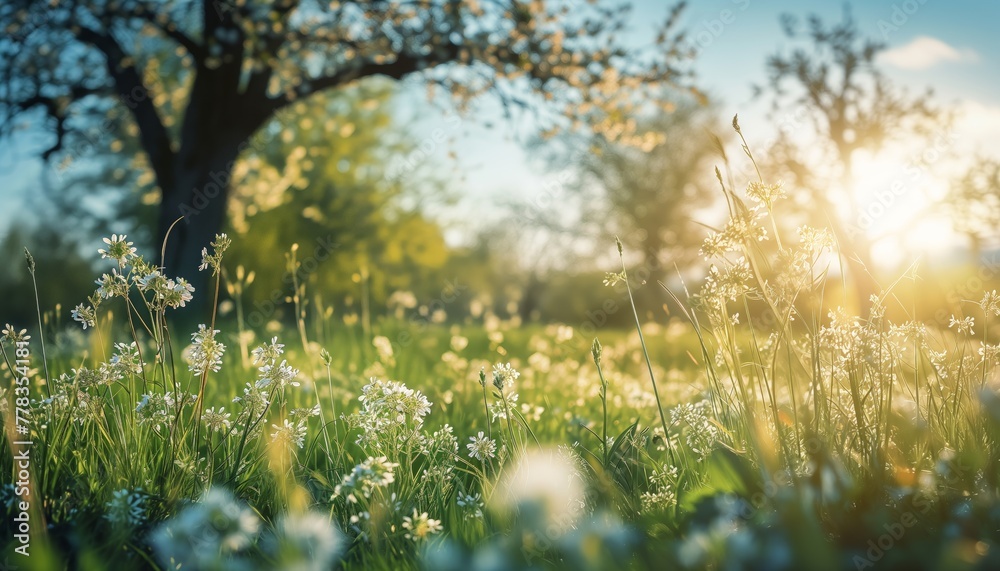 Obraz premium Beautiful blurred spring background nature with blooming glade, trees and blue sky on a sunny day.