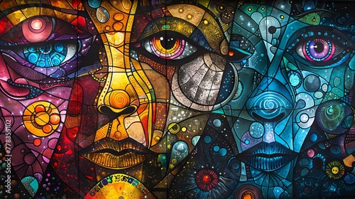 Artistic abstract stained glass design featuring a human face with vibrant, flowing colors.
